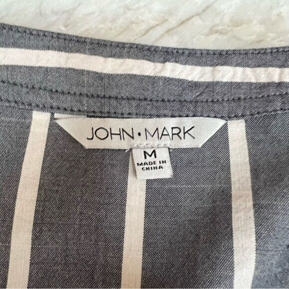 John Mark Stripe Button Front Peplum Banded Collar 3/4 Roll-Tab Sleeve Tunic M. - Picture 7 of 8